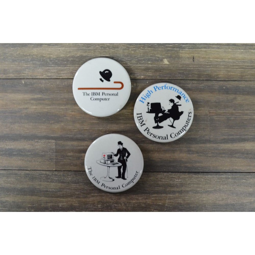 IBM Personal Computer Button Pin Lot of 3 Charlie Chaplin Promo 1980's Vtg
